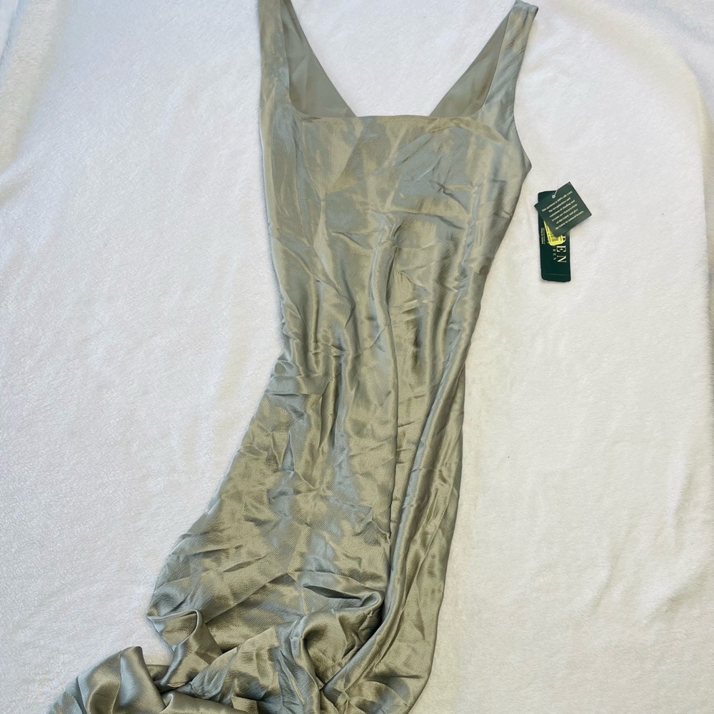 100% Silk Ralph Lauren Light Silver/green toned Slip Dress with Square Neck - Picture 2 of 6